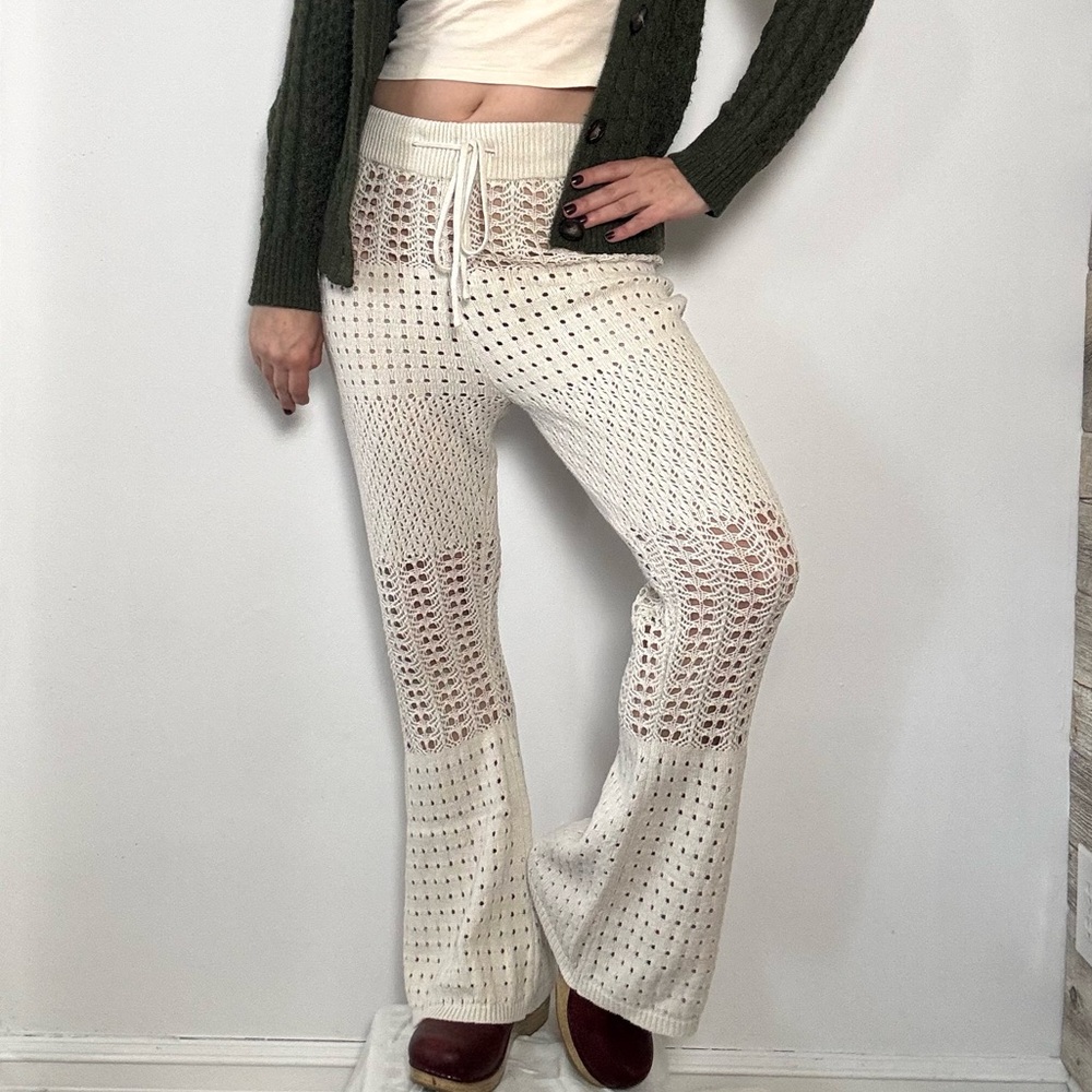 RETRO Ivory White Crochet Knit Beach Flare Pants - Size M